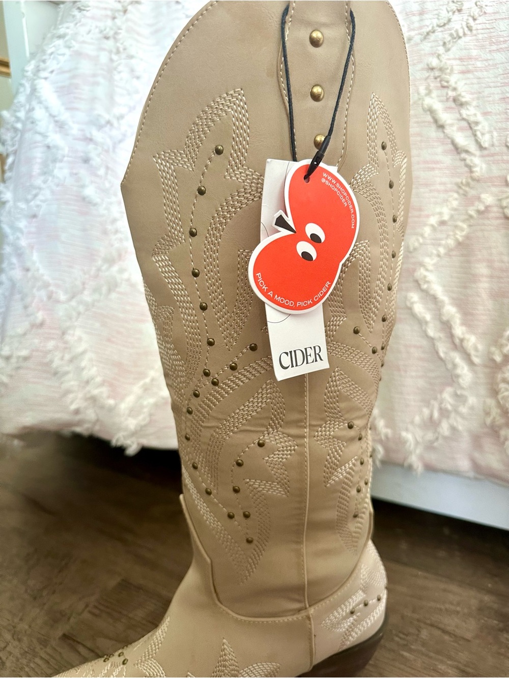 Cider Beige Western Knee-High Heeled Boots - Picture 2 of 2